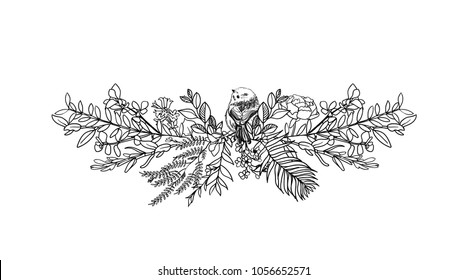Hand drawn vector floral ornament with leaves, flowers and bird. Sketch style. Ink illustartion border.