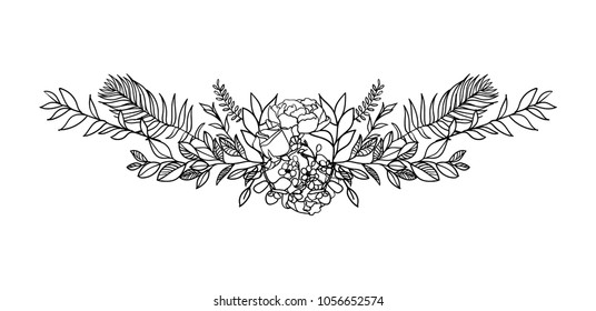 Hand drawn vector floral ornament with leaves, flowers and bird. Sketch style. Ink illustartion border.