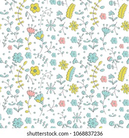 hand drawn Vector floral pattern  with flowers and leaves.Gentle, spring,summer, floral background.shirt design pattern/textile pattern/ for kids and baby's fashion