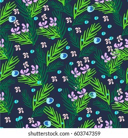 Hand drawn vector floral pattern. Tropical flowers, leaves,  water bubbles.Seamless background for baby textile, surface, home interior, cover, fabric, wallpapers, print, gift wrap, scrapbooking.