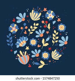 Hand drawn vector floral round frame template. Floral doodle illustration with space for text. Decor for invitations, greeting cards, posters, design elements.