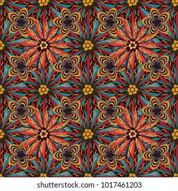 Hand drawn vector floral seamless pattern for surface design, wrapping paper, fabric, background. Sketch style red, blue and brown color flowers repeatable motif.