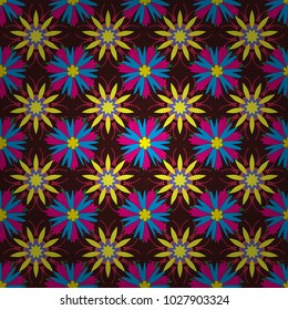 Hand drawn vector floral seamless pattern for surface design, wrapping paper, fabric, background. Sketch style brown, blue and yellow color flowers repeatable motif.