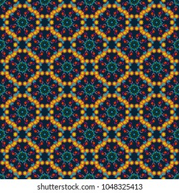 Hand drawn vector floral seamless pattern for surface design, wrapping paper, fabric, background. Sketch style black, orange and blue color flowers repeatable motif.