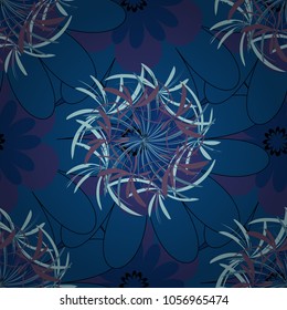 Hand drawn vector floral seamless pattern for surface design, wrapping paper, fabric, background. Sketch style blue, violet and purple color flowers repeatable motif.