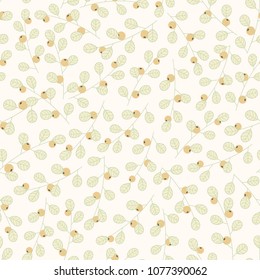 Hand drawn vector floral seamless pattern with branches and leaves on the beige background. Cute spring decoration with plants and yellow berries.
