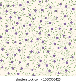 Hand drawn vector floral seamless pattern with branches, leaves and blueberries on the beige background. Cute simple decoration with plants and purple berries.