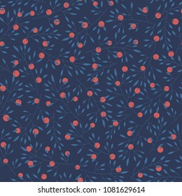 Hand drawn vector floral seamless pattern with branches, leaves and red berries on the blue background. Abstract decoration with plants.