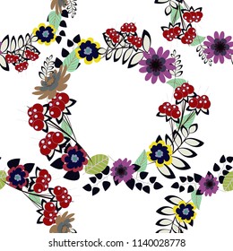 Hand drawn vector floral seamless pattern for surface design, wrapping paper, fabric, background. Sketch style black, red and white color flowers repeatable motif.