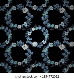Hand drawn vector floral seamless pattern for surface design, wrapping paper, fabric, background. Sketch style gray, black and blue color flowers repeatable motif.