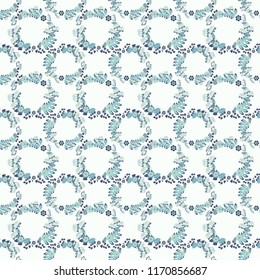 Hand drawn vector floral seamless pattern for surface design, wrapping paper, fabric, background. Sketch style white, gray and blue color flowers repeatable motif.