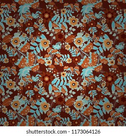 Hand drawn vector floral seamless pattern for surface design, wrapping paper, fabric, background. Sketch style orange, red and blue color flowers repeatable motif.