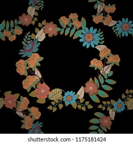 Hand drawn vector floral seamless pattern for surface design, wrapping paper, fabric, background. Sketch style green, black and brown color flowers repeatable motif.