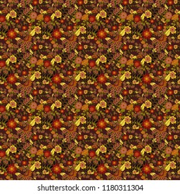 Hand drawn vector floral seamless pattern for surface design, wrapping paper, fabric, background. Sketch style brown, orange and red color flowers repeatable motif.