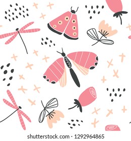 Hand drawn vector floral seamless pattern with butterflies. Surface with meadow flowers, butterfly, dragonfly. Vector seamless background in stylish scandinavian style - Vector