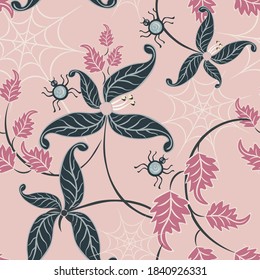 Patrón sin soldadura de vector dibujado a mano. Sencilla textura elegante con hojas, arañas de dibujos animados y telaraña. Color rosa y gris. Un fondo abstracto. Estilo Doodle. Repetir diseño decorativo