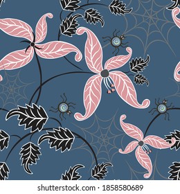 Hand drawn vector floral seamless pattern. Simple cute texture with leaves, cartoon spiders and spider web. Dark blue, black, pink colors. Abstract doodle style background. Repeat design for print