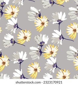 hand drawn vector floral seamless pattern, yellow and white daisies on a light gray background.