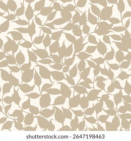 Hand drawn vector floral seamless pattern with leaves in light beige color. Garden plant background.