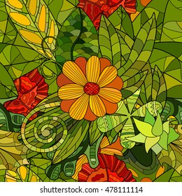 hand drawn vector floral seamless pattern with leaves and flowers