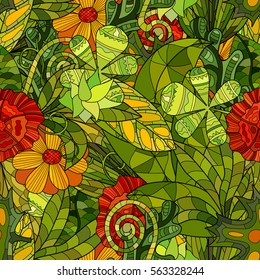 hand drawn vector floral seamless pattern with leaves and flowers
