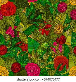 hand drawn vector floral seamless pattern with leaves and flowers