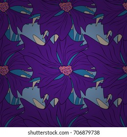 Hand drawn vector floral seamless pattern for surface design, wrapping paper, fabric, background. Sketch style blue, brown and violet color flowers repeatable motif.