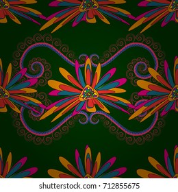 Hand drawn vector floral seamless pattern for surface design, wrapping paper, fabric, background. Sketch style blue, yellow and red color flowers repeatable motif.