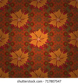 Hand drawn vector floral seamless pattern for surface design, wrapping paper, fabric, background. Sketch style red, green and orange color flowers repeatable motif.