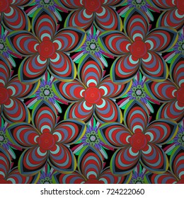 Hand drawn vector floral seamless pattern for surface design, wrapping paper, fabric, background. Sketch style red, blue and green color flowers repeatable motif.