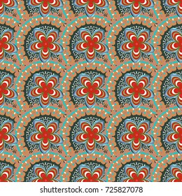 Hand drawn vector floral seamless pattern for surface design, wrapping paper, fabric, background. Sketch style green, blue and orange color flowers repeatable motif.