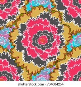 Hand drawn vector floral seamless pattern for surface design, wrapping paper, fabric, background. Sketch style pink, red and yellow color flowers repeatable motif.