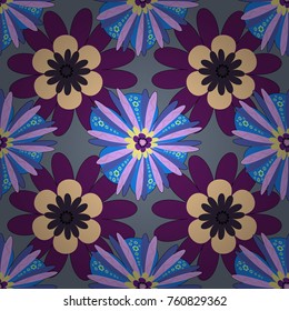 Hand drawn vector floral seamless pattern for surface design, wrapping paper, fabric, background. Sketch style purple, gray and blue color flowers repeatable motif.