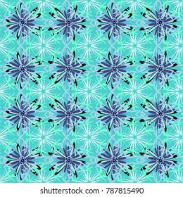 Hand drawn vector floral seamless pattern for surface design, wrapping paper, fabric, background. Sketch style white and blue color flowers repeatable motif.