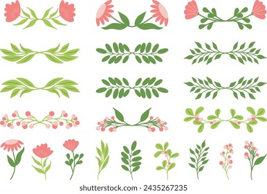 Hand drawn vector floral set with branches and flowers bouquets.