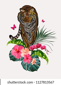 Hand drawn vector floral summer pattern background with tropical palm leaves, banana leaves, tiger, orchid hibiscus flowers, butterflies. Perfect for wallpapers, web page backgrounds, surface textures
