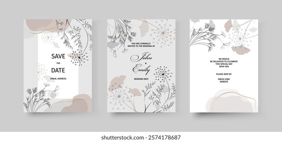 Hand drawn vector floral wedding invitation card. Inside the card is the invitation text, which is also designed to match the outer design.