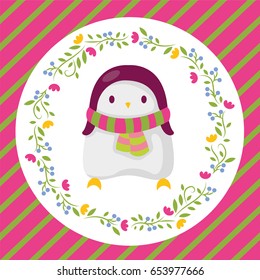 Hand drawn vector floral wreath, penguin, happy new year and merry christmas illustration set. 