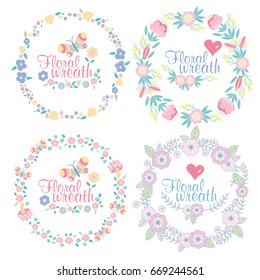Hand drawn vector floral wreath illustration set. 