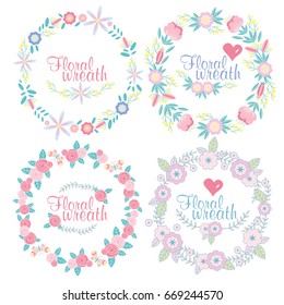 Hand drawn vector floral wreath illustration set. 