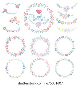 Hand drawn vector floral wreath illustration set.  beautiful floral round frames with summer flowers