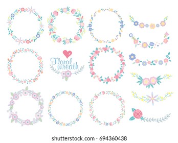 Hand drawn vector floral wreath illustration set.  beautiful floral round frames with summer flowers