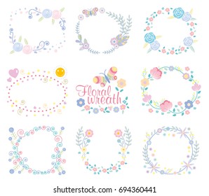 Hand drawn vector floral wreath illustration set.  beautiful floral round frames with summer flowers