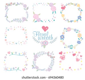 Hand drawn vector floral wreath illustration set.  beautiful floral round frames with summer flowers