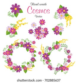 Hand drawn vector floral wreath illustration set. cosmos flower, beautiful floral round frames with summer flowers