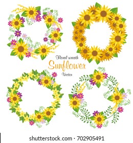 Hand drawn vector floral wreath illustration set. sunflower, beautiful floral round frames with summer flowers