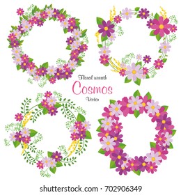 Hand drawn vector floral wreath illustration set. Cosmos flower, beautiful floral round frames with summer flowers