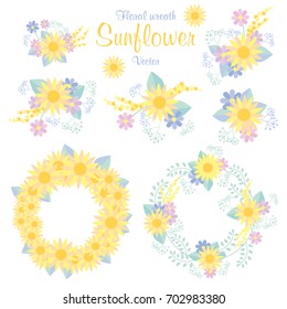 Hand drawn vector floral wreath illustration set. sunflower, beautiful floral round frames with summer flowers
