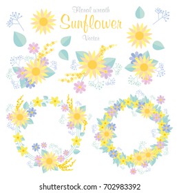 Hand drawn vector floral wreath illustration set. sunflower, beautiful floral round frames with summer flowers