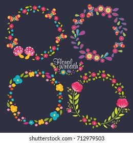 Hand drawn vector floral wreath illustration set, wreath of flowers frame, beautiful floral round frames with summer flowers, vector illustration